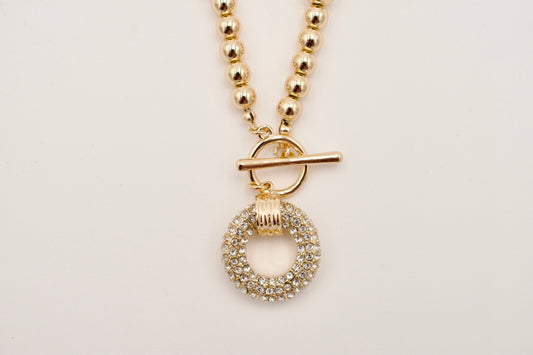Gold Beaded Rhinestone Toggle Necklace
